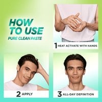 A how to use guide for the Garnier Fructis Pure Clean Finishing Paste. This product requires 3 steps: heat activate with hands, apply, and all-day definition.