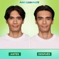 A before and after image of a man with black hair using Garnier Fructis Pure Clean Finishing Paste. The man achieves a slicked-back hair style using the product.