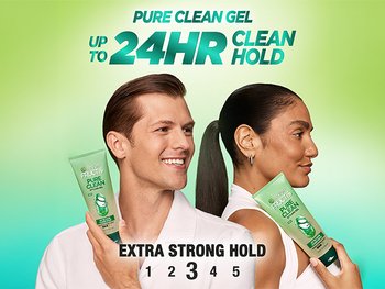 A man with a sleek side-part and a woman with a smooth, high ponytail are pictured back-to-back, both holding the lime green product tube. Bold, vibrant green text at the top reads "UP TO 24HR CLEAN HOLD." At the bottom, "EXTRA STRONG HOLD" is displayed over a 1-to-5 scale, with the number 3 highlighted. The background is a soft green-to-white gradient.