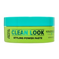 A front visual of the product packaging of the Garnier Fructis Pure Clean Finishing Paste. Get up to 24 hours of definition with the Pure Clean Finishing Paste, infused with aloe extract.