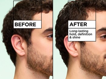 A side-by-side "Before and After" comparison graphic set against a soft mint green background, featuring a male model with medium skin tone and a short beard photographed from a side profile angle. On the left, labeled "BEFORE" in bold black text within a square outline, the model's dark brown, naturally curly/wavy hair appears unstyled, voluminous, and slightly loose with undefined texture. On the right, labeled "AFTER" in bold black text within a matching square outline, the same model's hair appears noticeably more defined, sleek, and groomed, with curls that are tighter, more structured, and visibly shinier. Overlaid text on the "After" panel reads: "Long-lasting hold, definition & shine."