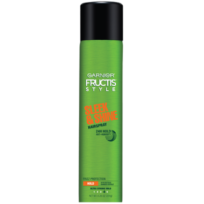 Front pack shot of Garnier Fructis Sleek & Shine hairspray.