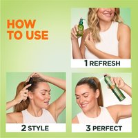 Three-step guide for using Garnier Fructis Sleek & Shine: 1. Refresh, 2. Style, 3. Perfect. Each step is visually demonstrated.