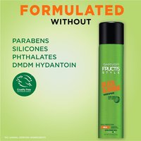 Garnier Fructis Sleek & Shine hairspray highlighting its "free-from" formula: without parabens, silicones, phthalates, and DMDM hydantoin.