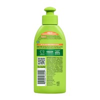 A back visual of the product packaging of the Garnier Sleek & Shine Anti-Humidity Smoothing Milk. This is an anti-humidity hair product that delivers up to 24 hours of frizz resistance with flexible hold, keeping hair sleek and silky in high humidity.