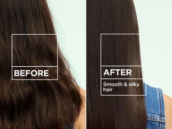 Before-and-after comparison showing dark brown hair transformed from frizzy and wavy to smooth, straight, and silky.