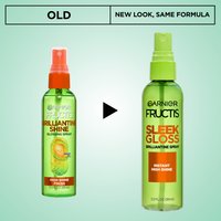 Garnier Fructis Sleek Gloss new look same formula — updated packaging comparison showing old Brilliantine Douce and new Sleek Gloss hair spray.