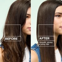 Before and after results of Garnier Fructis Sleek Gloss hair spray showing smoother, glossier, and shinier hair after use.