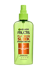 A front visual of the product packaging of the Garnier Sleek & Smooth Flat Iron Perfector Straightening Mist. This hair styling product provides up to 450 degrees of heat protection.