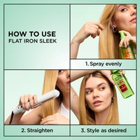 The Garnier Sleek & Smooth Flat Iron Perfector Straightening Mist can be applied in 3 simple steps. Apply evenly on hair before using heated tols as a first step after washing on damp, towel-dried hair.