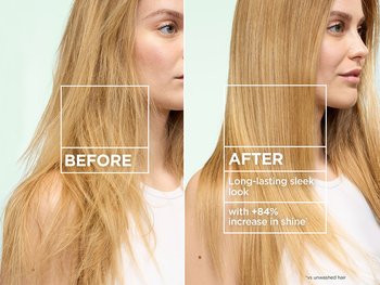 Before-and-after comparison showing blonde hair transformed from flat and frizzy to sleek and shiny, with claims of a long-lasting sleek look and an 84% increase in shine.
