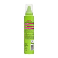 Back label of Garnier Fructis Sky-Hi Volume Mousse showing ingredients, usage directions, and product details for extreme hold, lift, and volume.