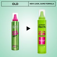 Garnier Fructis Sky-Hi Volume Mousse new look same formula — updated packaging comparison showing old and new design.