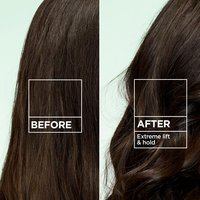 Before and after results of Garnier Fructis Sky-Hi Volume Mousse showing extreme lift, fuller and more voluminous hair after use.