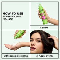 How to use Garnier Fructis Sky-Hi Volume Mousse: shake, dispense into palms, and apply evenly for extreme hold and volume.