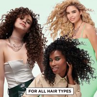 Garnier Fructis Sky-Hi Volume Mousse for all hair types — three women with different curl and hair textures showing versatile volume and hold.