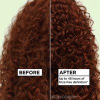 A split image showing "BEFORE" (frizzier, less defined curly hair) and "AFTER" (more defined, frizz-free curly hair) results. The text highlights "Up to 48 hours of frizz-free definition*"