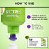 A Garnier Fructis bottle dispensing a white cream, with step-by-step instructions on "HOW TO USE" the product by applying and distributing through hair without rinsing.