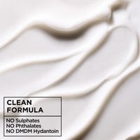 A close-up of white cream texture, with text proclaiming "CLEAN FORMULA" and listing what it's formulated without: "NO Sulphates, NO Phthalates, NO DMDM Hydantoin."