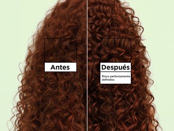 A "BEFORE" and "AFTER" comparison showing curly red hair. The "BEFORE" side appears frizzier, while the "AFTER" side shows more defined curls, with a claim of "Up to 48 hours of frizz-free definition."