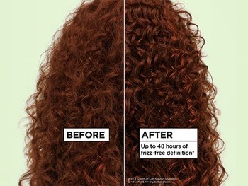 A "BEFORE" and "AFTER" comparison showing curly red hair. The "BEFORE" side appears frizzier, while the "AFTER" side shows more defined curls, with a claim of "Up to 48 hours of frizz-free definition."