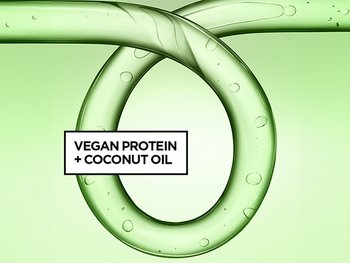 A stylized green liquid loop with bubbles, highlighting key ingredients "VEGAN PROTEIN + COCONUT OIL."