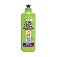 Front of a Garnier Fructis Curl Air Dry Cream bottle (Sulfate-Free Defining Butter) with "Vegan Protein + Coconut Oil" and a claim of "UP TO 48HR DEFINED FRIZZ-FREE CURLS FOR ALL CURL TYPES."