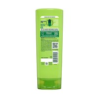Back label of Garnier Fructis Curl Nourish Moisturizing Conditioner bottle: showing full ingredient list, directions for use, and greener beauty commitments for curls and coils.