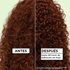 Before and after hair repair results on red curly hair: visibly showing up to 48 hours of frizz-free definition using the Garnier Fructis Curl Nourish hair care system.
