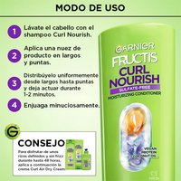 How to use Garnier Fructis Curl Nourish Moisturizing Conditioner: 4-step guide including washing, applying to mid-lengths and ends, distributing, and rinsing thoroughly for best results.
