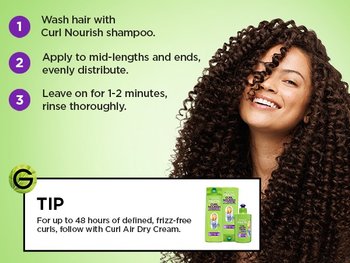 A smiling woman with voluminous dark curls next to a three-step guide: 1. Wash hair with shampoo, 2. Apply to mid-lengths and ends, and 3. Leave on for 1-2 minutes then rinse thoroughly. A "TIP" box at the bottom suggests using the Air Dry Cream for 48-hour frizz-free results.
