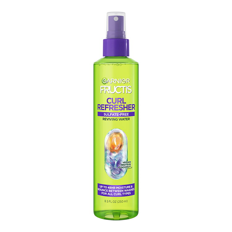 Garnier Fructis Curl Refresher Sulfate-Free Reviving Water in a lime green spray bottle with a purple cap promises "up to 48hr moisture & bounce between washes for all curl types."