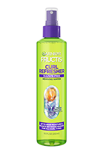 Garnier Fructis Curl Refresher Sulfate-Free Reviving Water in a lime green spray bottle with a purple cap promises "up to 48hr moisture & bounce between washes for all curl types."