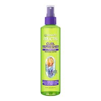 Garnier Fructis Curl Refresher Sulfate-Free Reviving Water in a lime green spray bottle with a purple cap promises "up to 48hr moisture & bounce between washes for all curl types."