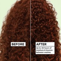 Before and after comparison of frizzy versus defined, glossy curls shows Garnier Fructis Curl Refresher delivering "up to 48 hours of moisture & bounce between washes."