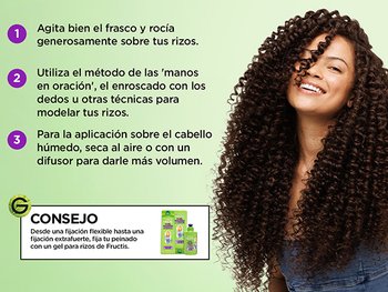 Three-step curl styling infographic showing a smiling woman with long, defined curly hair, alongside numbered tips to shake and spritz, finger-coil curls, and air-dry or diffuse damp hair, plus a bonus tip recommending a curl gel for flexible, extra-strength hold.