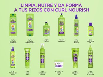 Full range of Garnier Fructis Curl Nourish and Curl Styling product bottles and tubes—including shampoo, conditioner, air dry creams, knot melter, multi-use oil, refresher spray, shine jelly, construct mousse, flexi-hold gel, control gel, and shape spray gel—displayed together on a green background under the header "Cleanse, Nourish & Style Your Curls.