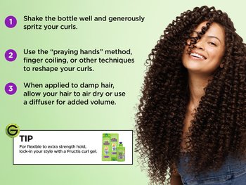 Three-step curl styling infographic showing a smiling woman with long, defined curly hair, alongside numbered tips to shake and spritz, finger-coil curls, and air-dry or diffuse damp hair, plus a bonus tip recommending a curl gel for flexible, extra-strength hold.