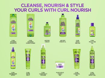 Full range of Garnier Fructis Curl Nourish and Curl Styling product bottles and tubes—including shampoo, conditioner, air dry creams, knot melter, multi-use oil, refresher spray, shine jelly, construct mousse, flexi-hold gel, control gel, and shape spray gel—displayed together on a green background under the header "Cleanse, Nourish & Style Your Curls.