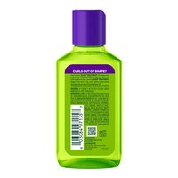 Back view of the lime-green curl oil bottle displaying usage instructions for scalp treatment, nourishing oil, and deep conditioning, plus ingredients and barcode information.