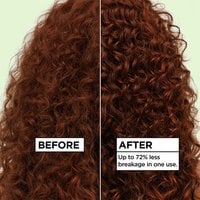 Before and after comparison of curly red hair showing up to 72% less breakage in one use after applying Garnier Curl Multi-Use Oil.