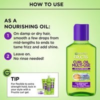 Infographic showing a two-step nourishing oil application method alongside a bottle of curl-strengthening hair oil and a styling tip featuring complementary curl gel products.
