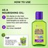 Infographic showing a two-step nourishing oil application method alongside a bottle of curl-strengthening hair oil and a styling tip featuring complementary curl gel products.