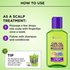Infographic detailing a two-step weekly scalp treatment application process alongside a bottle of curl-strengthening hair oil and a styling tip featuring complementary curl gel products.