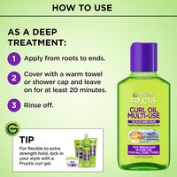 Infographic detailing a three-step deep treatment application process alongside a bottle of curl-strengthening hair oil and a styling tip featuring complementary curl gel products.