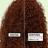 Before and after comparison of curly red hair showing up to 72% less breakage in one use after applying Garnier Curl Multi-Use Oil.