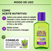 Infographic showing a two-step nourishing oil application method alongside a bottle of curl-strengthening hair oil and a styling tip featuring complementary curl gel products.