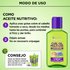 Infographic showing a two-step nourishing oil application method alongside a bottle of curl-strengthening hair oil and a styling tip featuring complementary curl gel products.