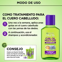 Infographic detailing a two-step weekly scalp treatment application process alongside a bottle of curl-strengthening hair oil and a styling tip featuring complementary curl gel products.