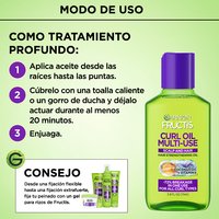 Infographic detailing a three-step deep treatment application process alongside a bottle of curl-strengthening hair oil and a styling tip featuring complementary curl gel products.